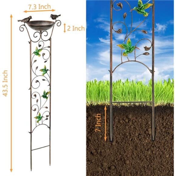 Garden Trellis Bird Bath Outdoor, 40Inch Antique Iron Garden Plant Trellis Decor - Picture 2 of 7